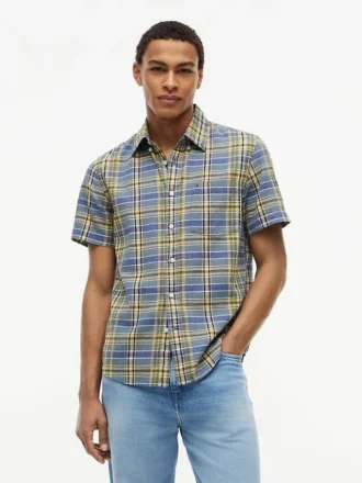 Camisa de mezcla de lino a cuadros de corte regular
