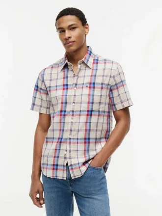 Camisa de mezcla de lino a cuadros de corte regular