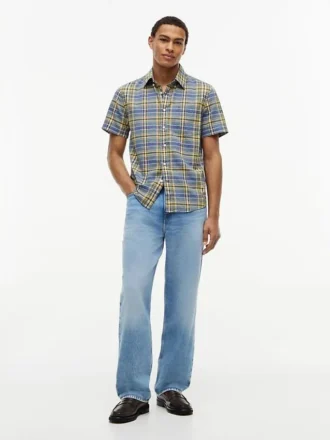 Camisa de mezcla de lino a cuadros de corte regular