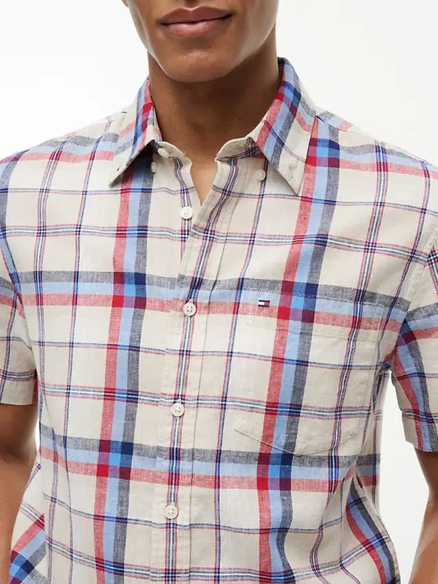 Camisa de mezcla de lino a cuadros de corte regular Camisa de mezcla de lino a cuadros de corte regular