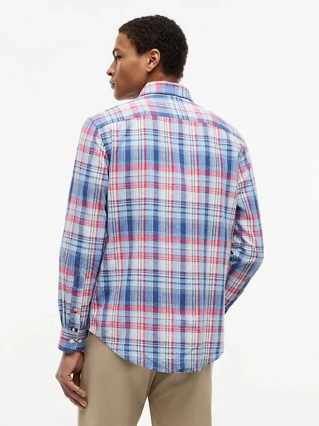 Camisa de mezcla de lino a cuadros de corte regular Camisa de mezcla de lino a cuadros de corte regular