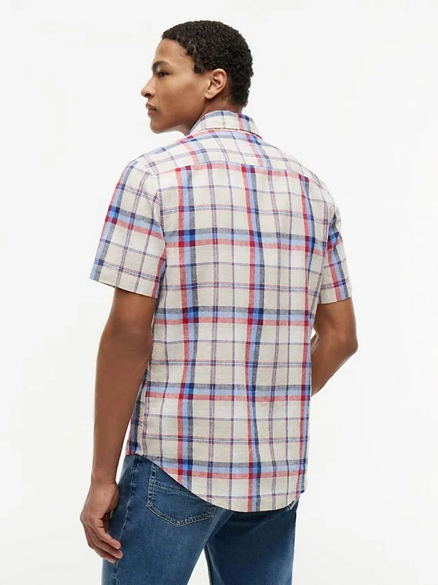 Camisa de mezcla de lino a cuadros de corte regular Camisa de mezcla de lino a cuadros de corte regular