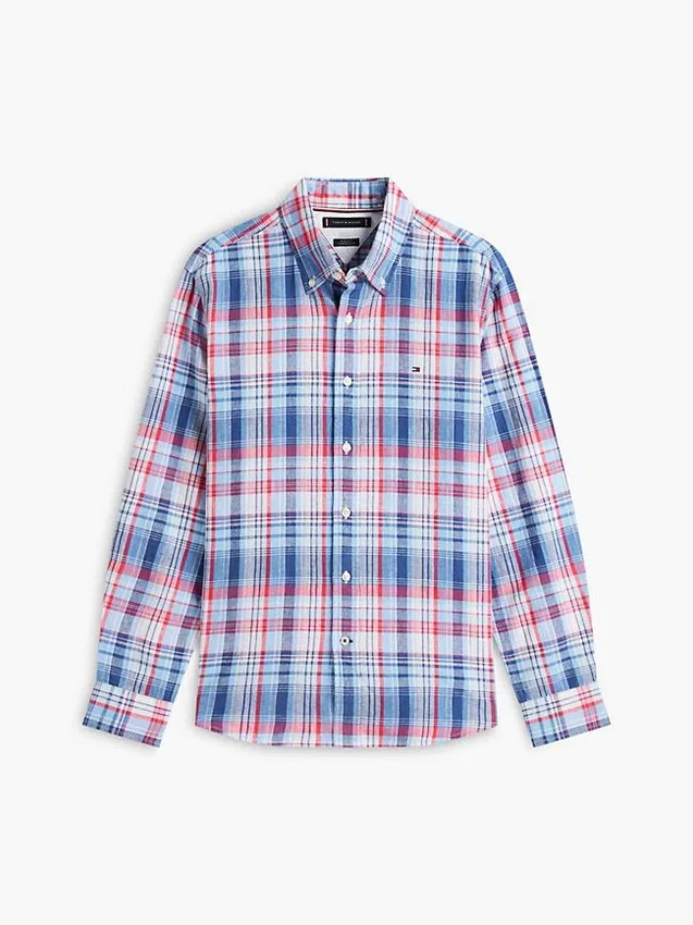 Camisa de mezcla de lino a cuadros de corte regular Camisa de mezcla de lino a cuadros de corte regular
