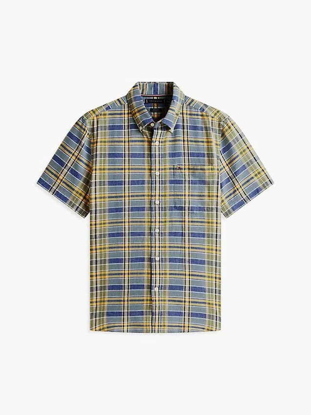 Camisa de mezcla de lino a cuadros de corte regular Camisa de mezcla de lino a cuadros de corte regular