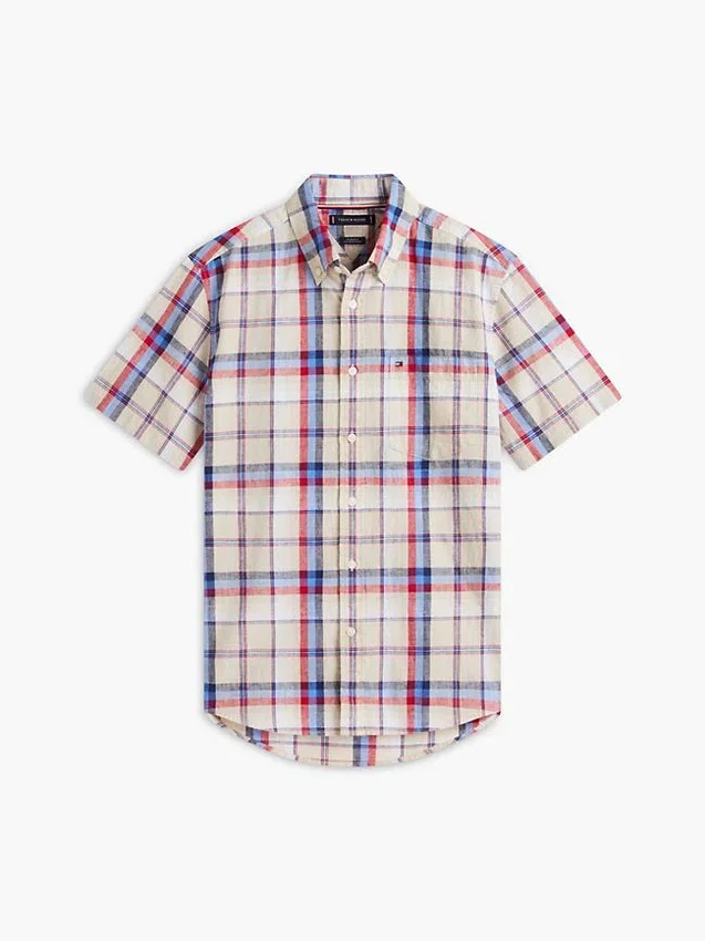 Camisa de mezcla de lino a cuadros de corte regular Camisa de mezcla de lino a cuadros de corte regular