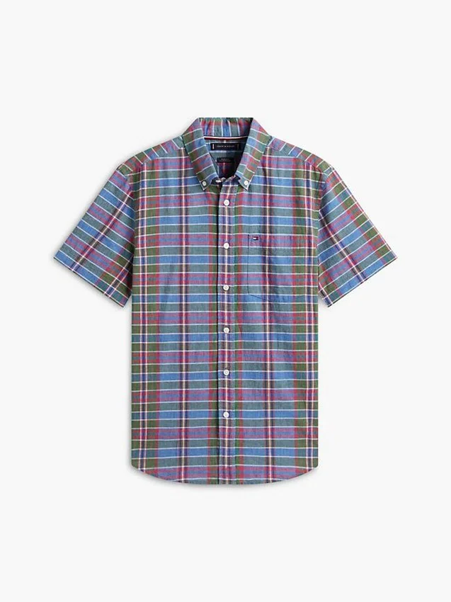 Camisa de mezcla de lino a cuadros de corte regular Camisa de mezcla de lino a cuadros de corte regular