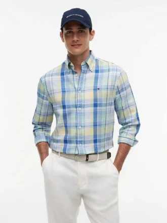 Camisa de mezcla de lino con estampado de cuadros Madras de corte regular