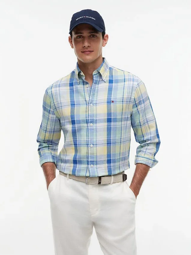 Camisa de mezcla de lino con estampado de cuadros Madras de corte regular Camisa de mezcla de lino con estampado de cuadros Madras de corte regular