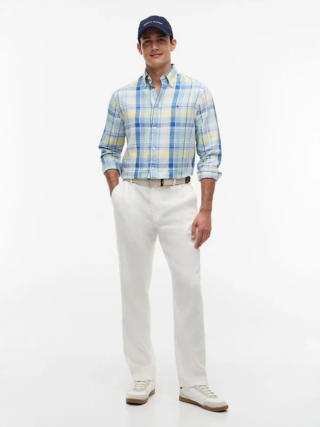 Camisa de mezcla de lino con estampado de cuadros Madras de corte regular Camisa de mezcla de lino con estampado de cuadros Madras de corte regular