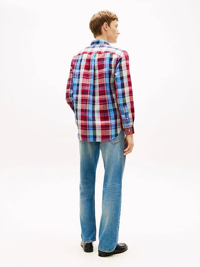Camisa de mezcla de lino con estampado de cuadros Madras de corte regular Camisa de mezcla de lino con estampado de cuadros Madras de corte regular