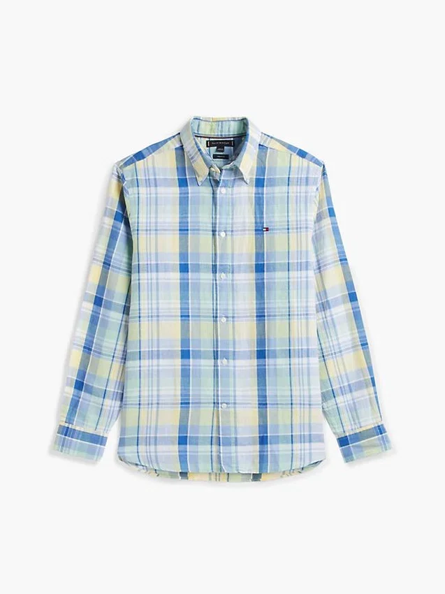 Camisa de mezcla de lino con estampado de cuadros Madras de corte regular Camisa de mezcla de lino con estampado de cuadros Madras de corte regular