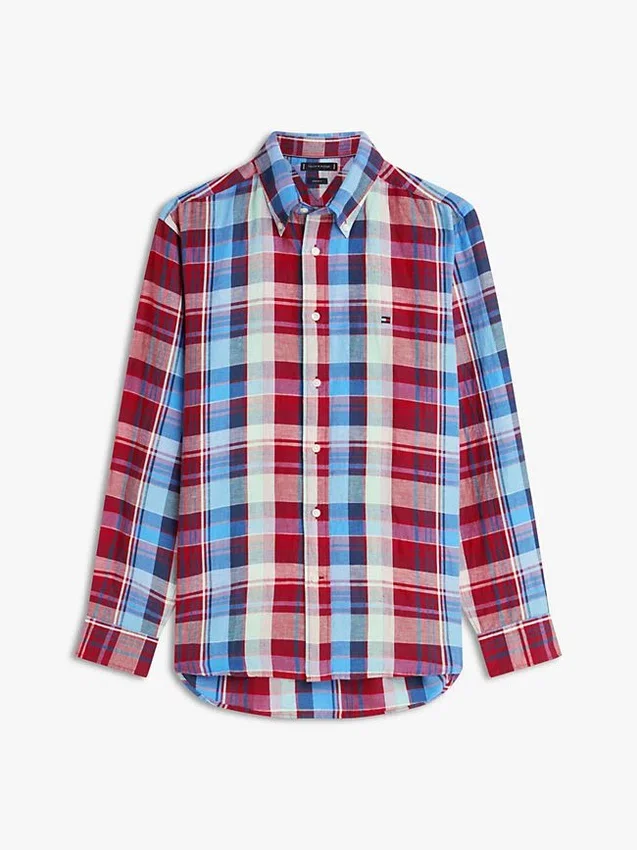 Camisa de mezcla de lino con estampado de cuadros Madras de corte regular Camisa de mezcla de lino con estampado de cuadros Madras de corte regular