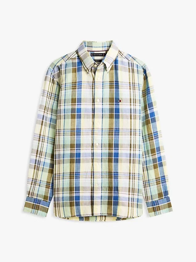 Camisa de mezcla de lino con estampado de cuadros Madras de corte regular Camisa de mezcla de lino con estampado de cuadros Madras de corte regular