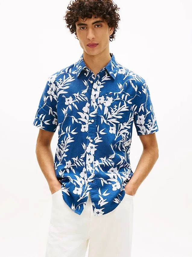 Camisa de mezcla de lino con estampado tropical Camisa de mezcla de lino con estampado tropical