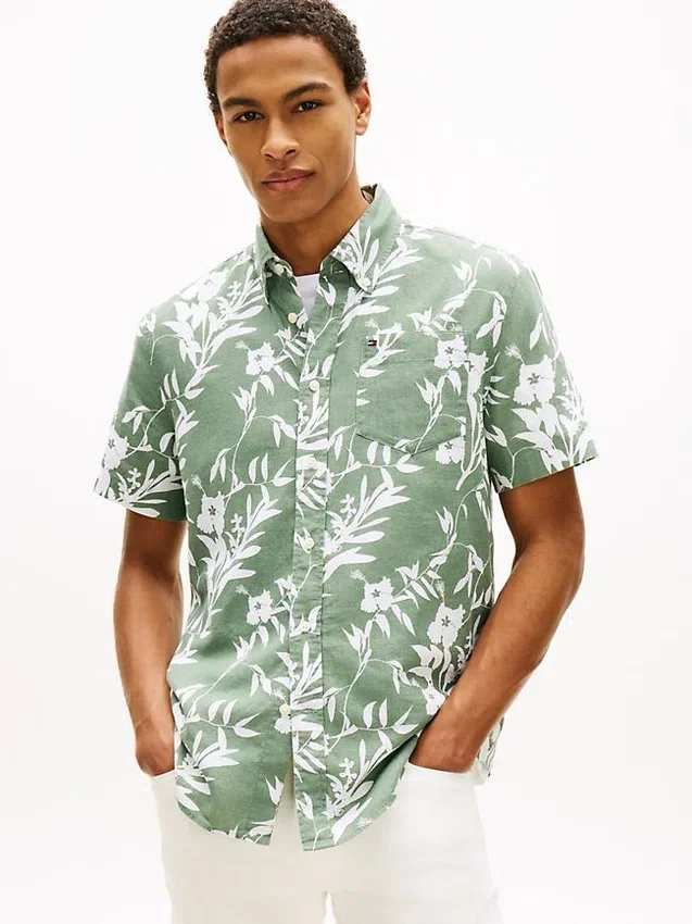 Camisa de mezcla de lino con estampado tropical Camisa de mezcla de lino con estampado tropical