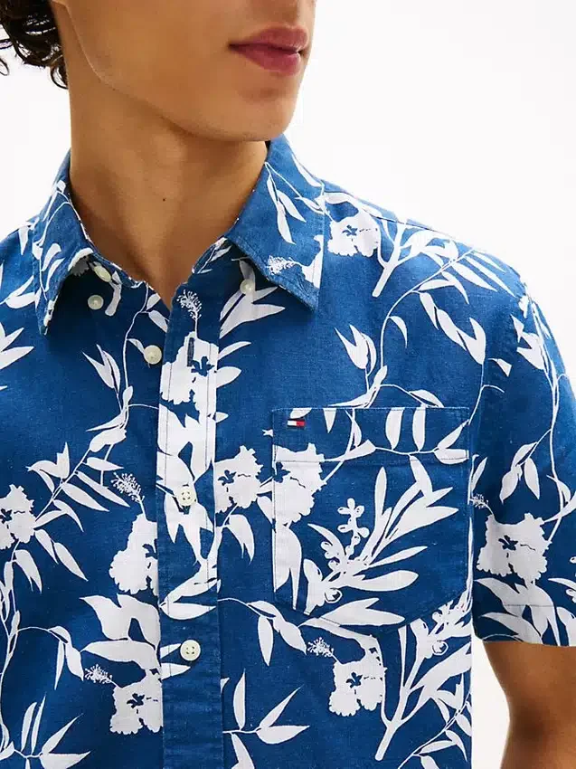 Camisa de mezcla de lino con estampado tropical Camisa de mezcla de lino con estampado tropical