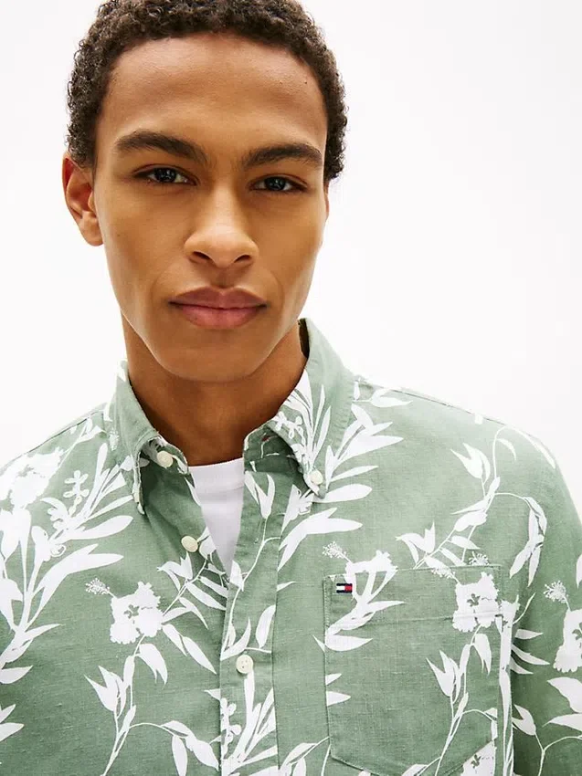Camisa de mezcla de lino con estampado tropical Camisa de mezcla de lino con estampado tropical