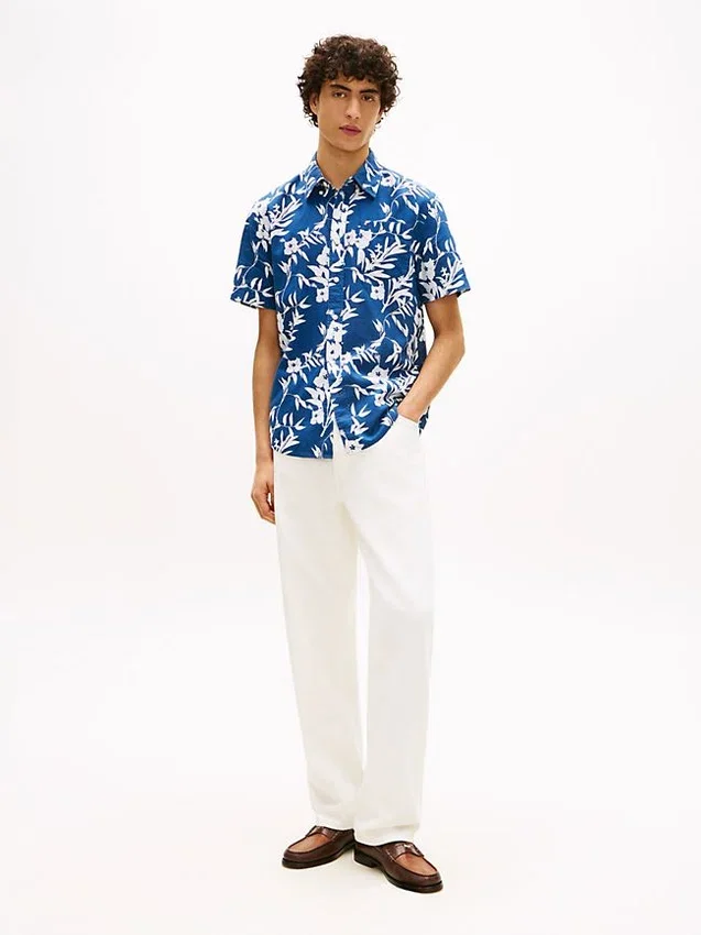 Camisa de mezcla de lino con estampado tropical Camisa de mezcla de lino con estampado tropical
