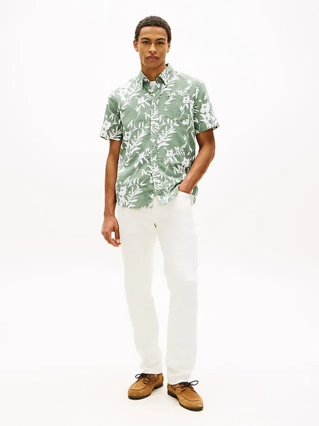 Camisa de mezcla de lino con estampado tropical Camisa de mezcla de lino con estampado tropical