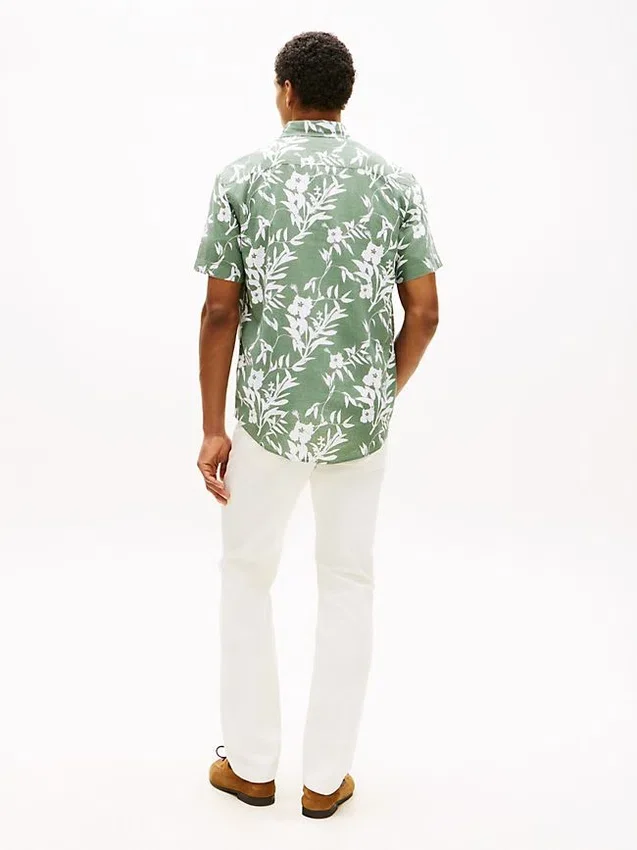 Camisa de mezcla de lino con estampado tropical Camisa de mezcla de lino con estampado tropical