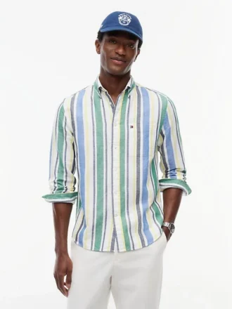 Camisa de mezcla de lino con rayas gruesas de corte regular