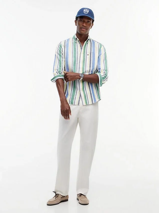 Camisa de mezcla de lino con rayas gruesas de corte regular Camisa de mezcla de lino con rayas gruesas de corte regular