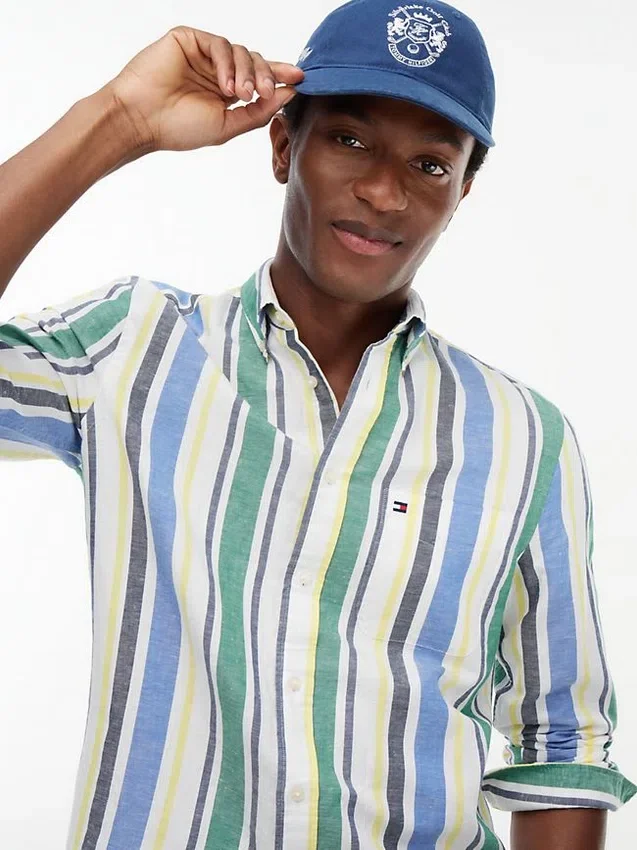 Camisa de mezcla de lino con rayas gruesas de corte regular Camisa de mezcla de lino con rayas gruesas de corte regular