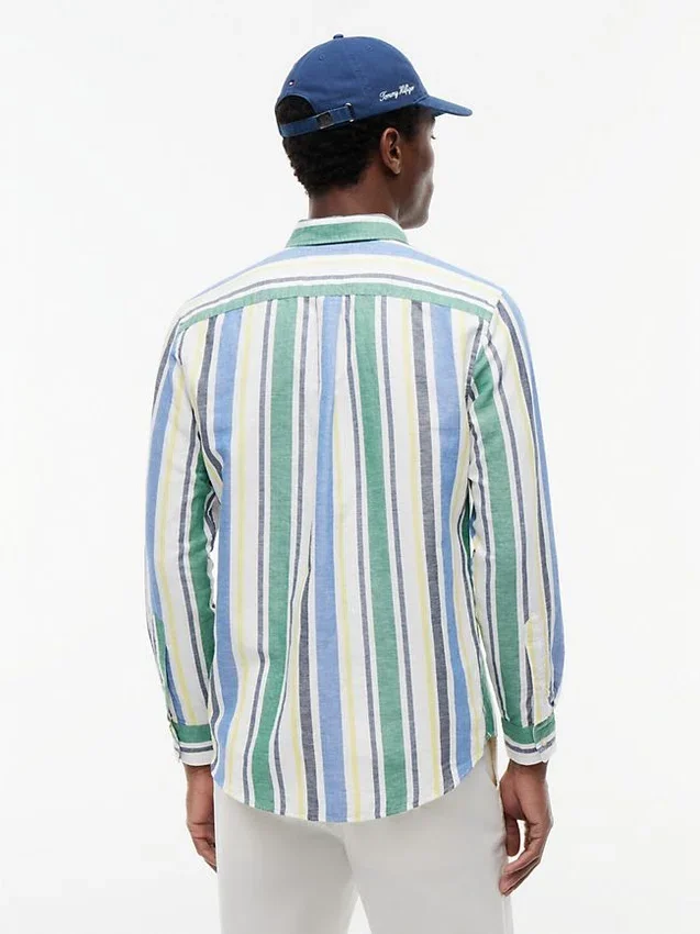 Camisa de mezcla de lino con rayas gruesas de corte regular Camisa de mezcla de lino con rayas gruesas de corte regular