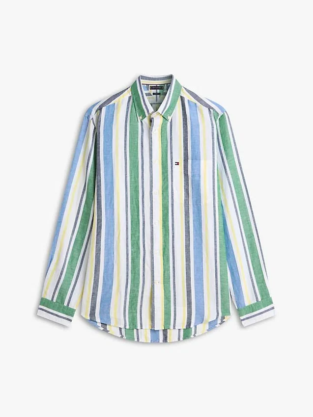 Camisa de mezcla de lino con rayas gruesas de corte regular Camisa de mezcla de lino con rayas gruesas de corte regular