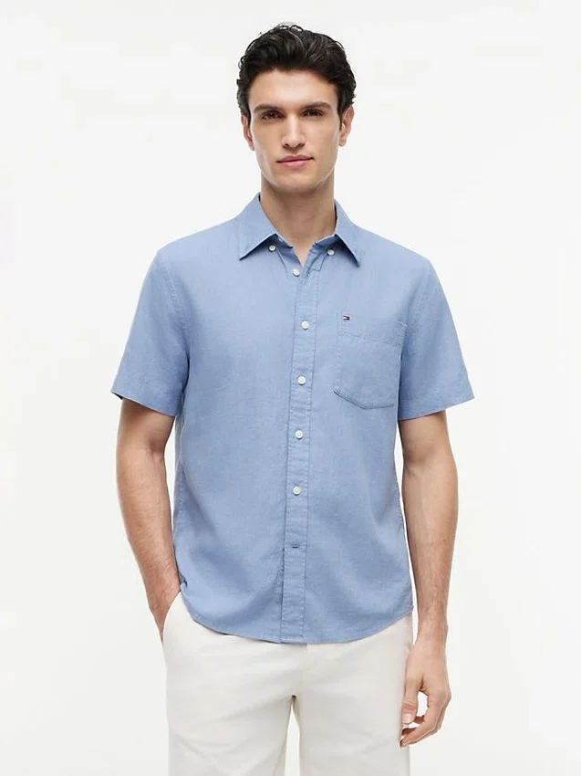 Camisa de pantalones cortos de mezcla de lino de corte regular Camisa de pantalones cortos de mezcla de lino de corte regular