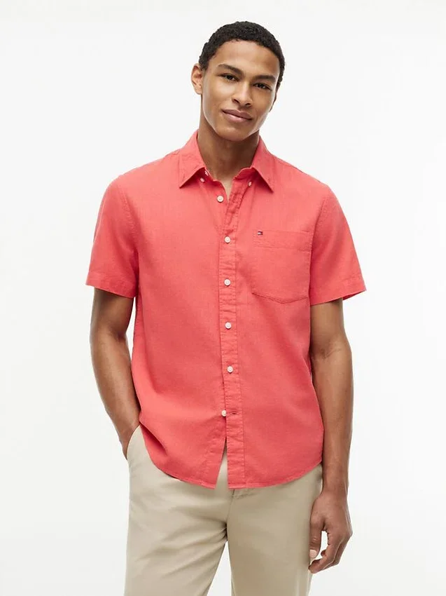Camisa de pantalones cortos de mezcla de lino de corte regular Camisa de pantalones cortos de mezcla de lino de corte regular