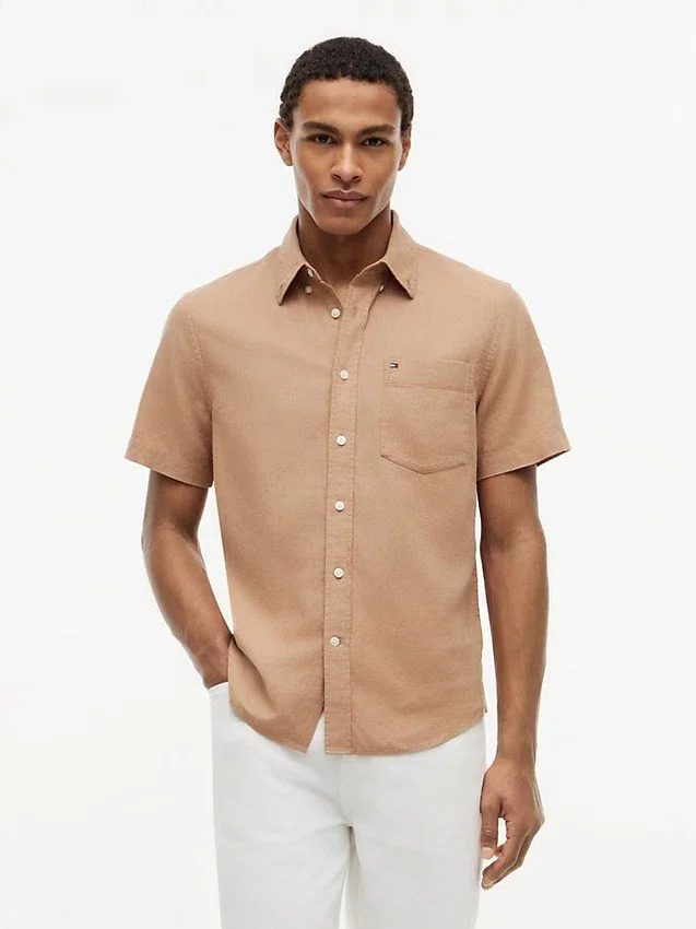 Camisa de pantalones cortos de mezcla de lino de corte regular Camisa de pantalones cortos de mezcla de lino de corte regular