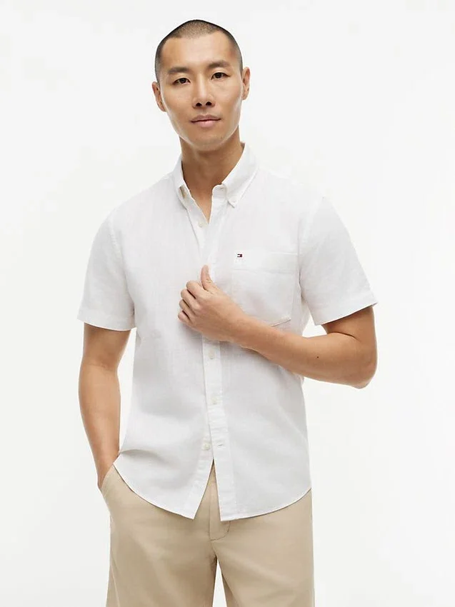 Camisa de pantalones cortos de mezcla de lino de corte regular Camisa de pantalones cortos de mezcla de lino de corte regular
