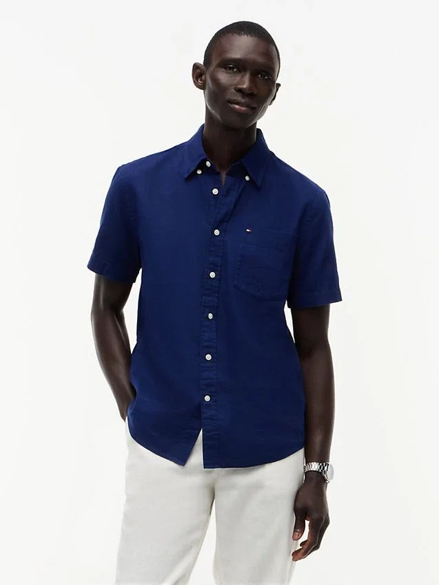 Camisa de pantalones cortos de mezcla de lino de corte regular Camisa de pantalones cortos de mezcla de lino de corte regular