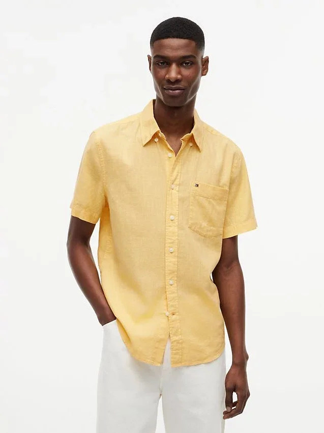 Camisa de pantalones cortos de mezcla de lino de corte regular Camisa de pantalones cortos de mezcla de lino de corte regular