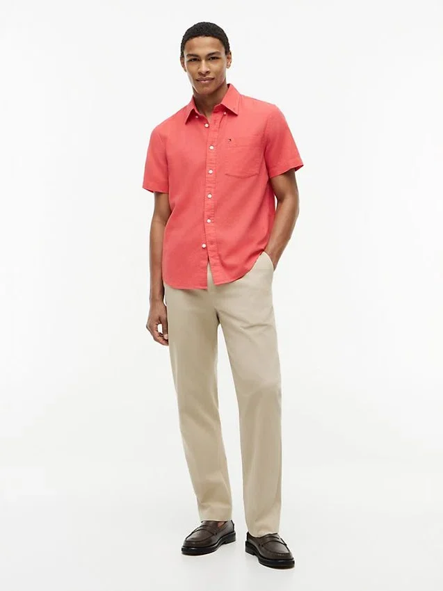 Camisa de pantalones cortos de mezcla de lino de corte regular Camisa de pantalones cortos de mezcla de lino de corte regular