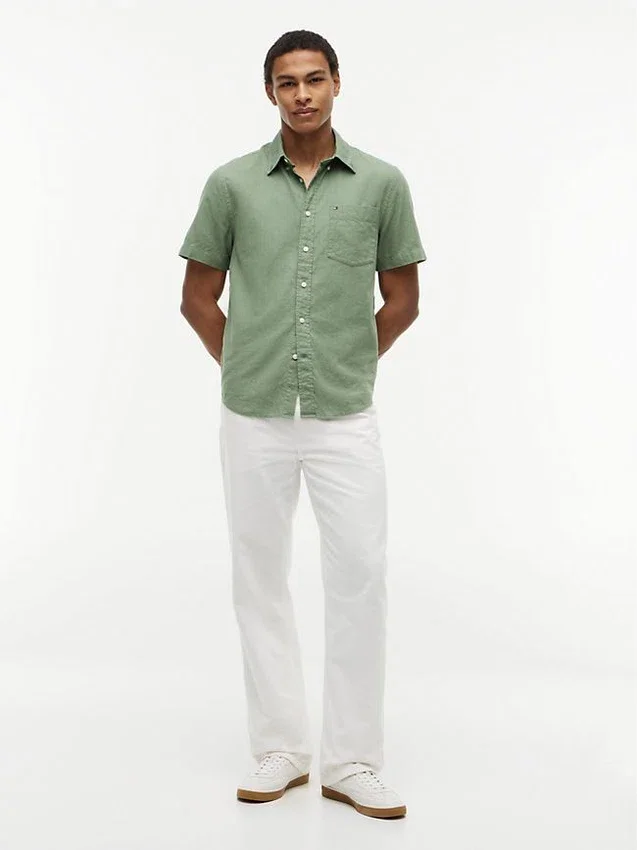 Camisa de pantalones cortos de mezcla de lino de corte regular Camisa de pantalones cortos de mezcla de lino de corte regular