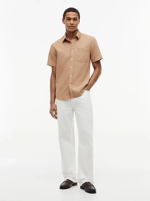 Camisa de pantalones cortos de mezcla de lino de corte regular Camisa de pantalones cortos de mezcla de lino de corte regular