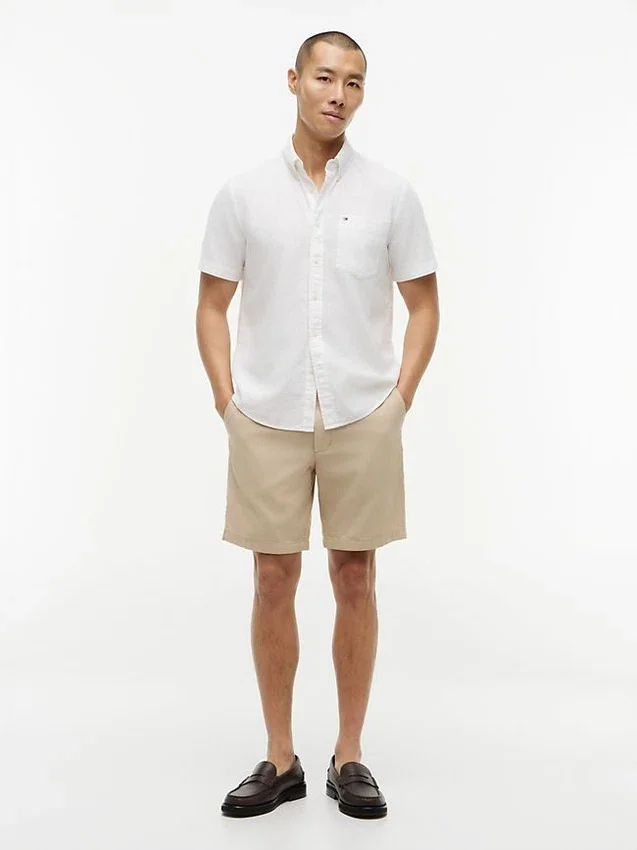 Camisa de pantalones cortos de mezcla de lino de corte regular Camisa de pantalones cortos de mezcla de lino de corte regular