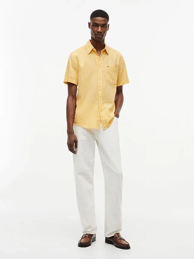 Camisa de pantalones cortos de mezcla de lino de corte regular Camisa de pantalones cortos de mezcla de lino de corte regular