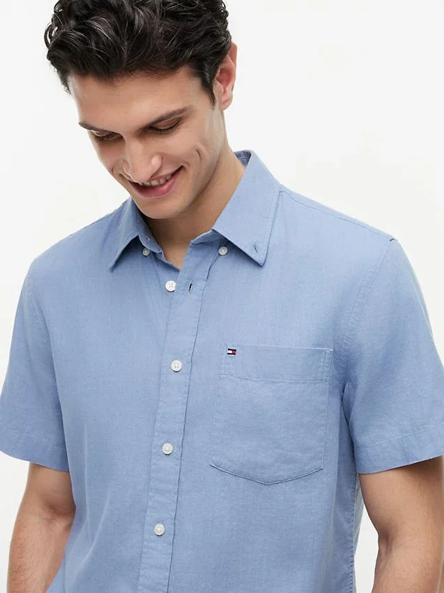 Camisa de pantalones cortos de mezcla de lino de corte regular Camisa de pantalones cortos de mezcla de lino de corte regular