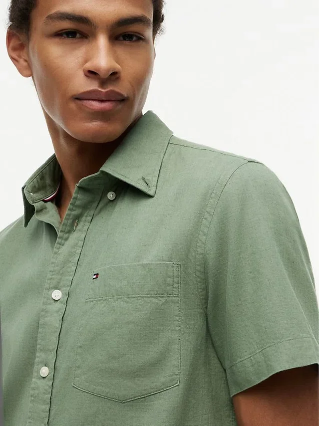 Camisa de pantalones cortos de mezcla de lino de corte regular Camisa de pantalones cortos de mezcla de lino de corte regular