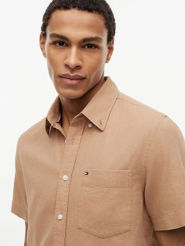 Camisa de pantalones cortos de mezcla de lino de corte regular Camisa de pantalones cortos de mezcla de lino de corte regular