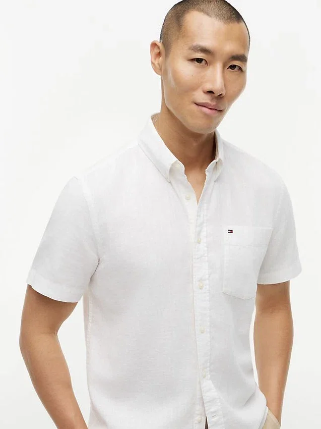 Camisa de pantalones cortos de mezcla de lino de corte regular Camisa de pantalones cortos de mezcla de lino de corte regular