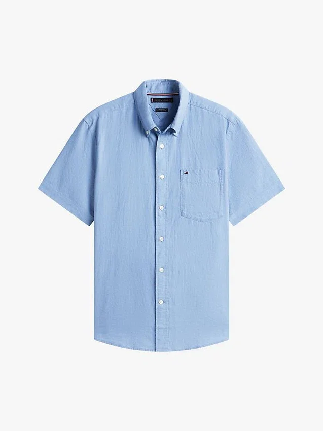 Camisa de pantalones cortos de mezcla de lino de corte regular Camisa de pantalones cortos de mezcla de lino de corte regular
