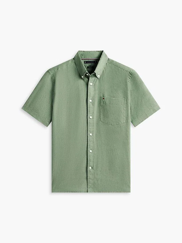 Camisa de pantalones cortos de mezcla de lino de corte regular Camisa de pantalones cortos de mezcla de lino de corte regular