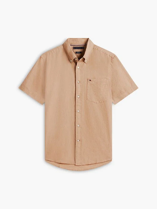 Camisa de pantalones cortos de mezcla de lino de corte regular Camisa de pantalones cortos de mezcla de lino de corte regular