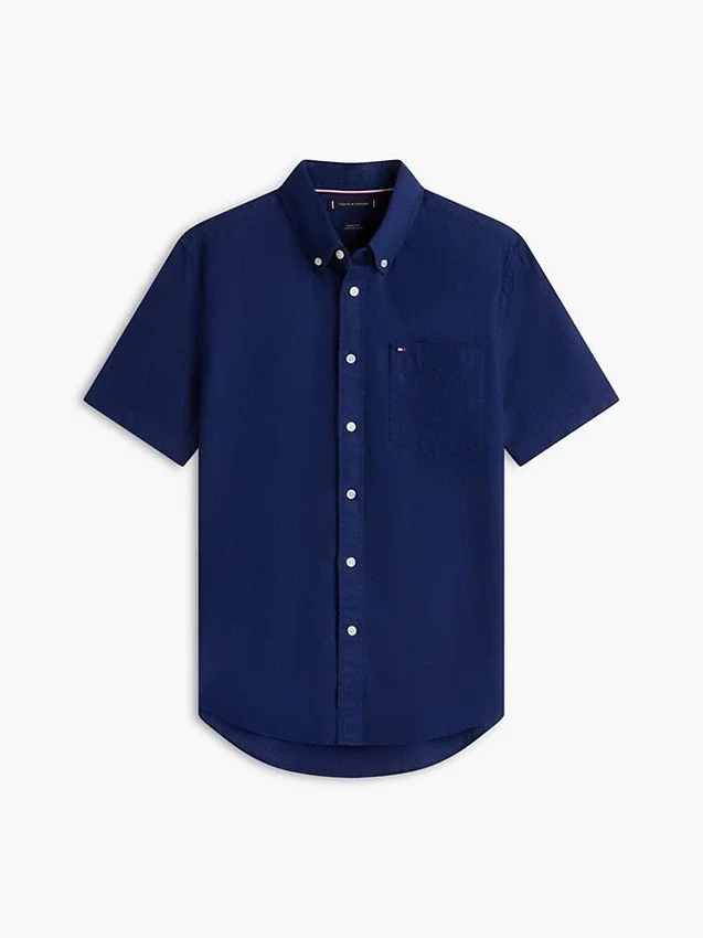 Camisa de pantalones cortos de mezcla de lino de corte regular Camisa de pantalones cortos de mezcla de lino de corte regular