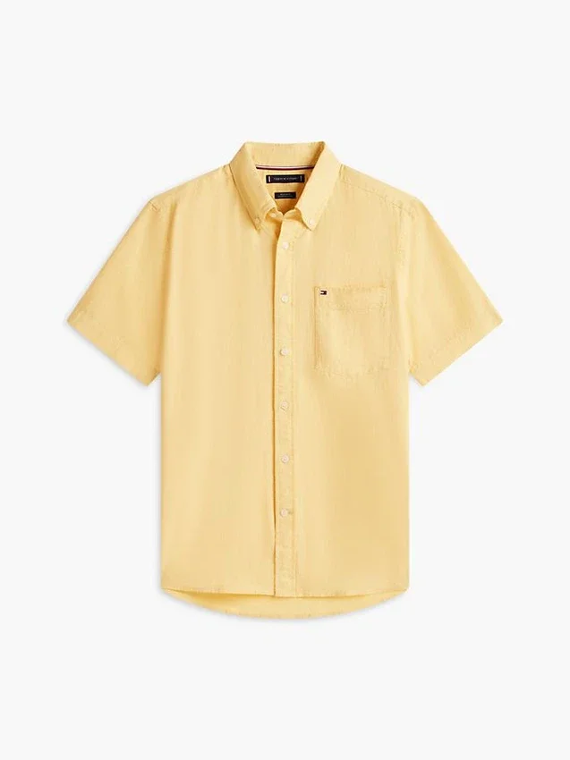 Camisa de pantalones cortos de mezcla de lino de corte regular Camisa de pantalones cortos de mezcla de lino de corte regular