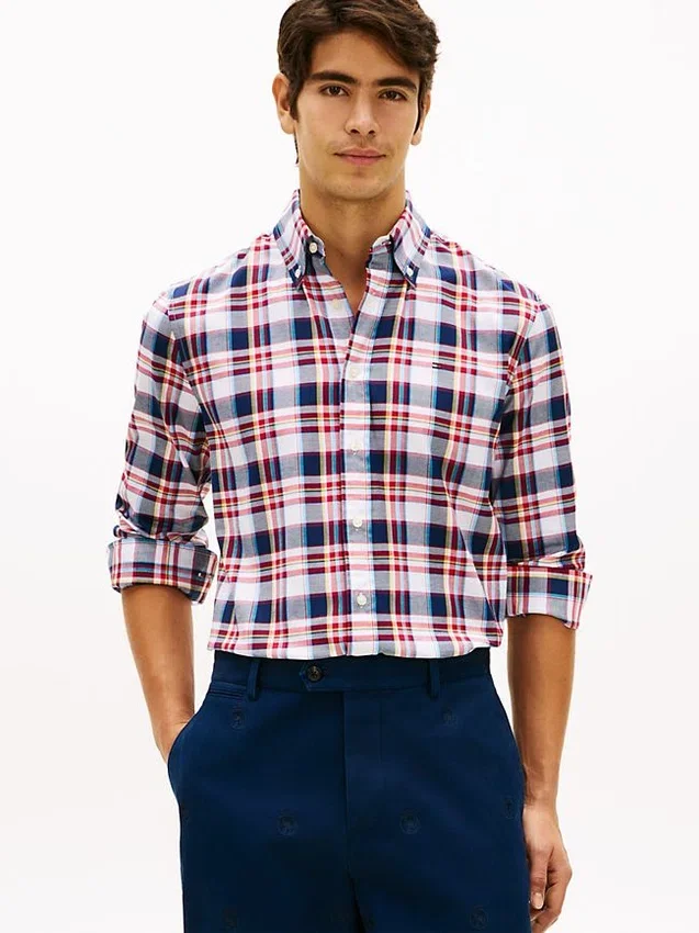Camisa de sarga a cuadros llamativos de corte regular Camisa de sarga a cuadros llamativos de corte regular